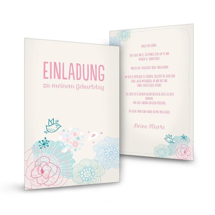 Einladungskarten zum Geburtstag  mit Blumen in Rosa und Blau